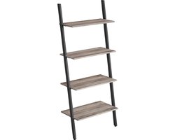 Standing Shelf, Ladder Shelf, Wall Shelf with 4 Levels, Bookcase, Standing Shelf, Living Room, Kitchen, Office, Steel, Sturdy, Slanted, Leans on the Wall, Industrial Design, Greige-Black