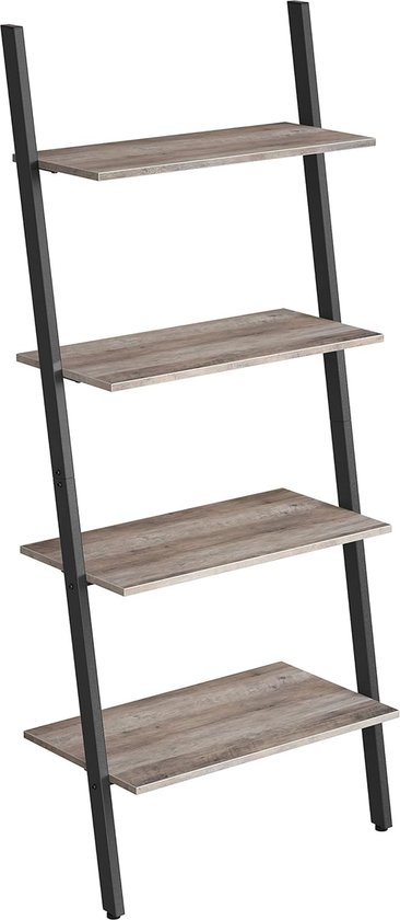 Standing Shelf, Ladder Shelf, Wall Shelf with 4 Levels, Bookcase, Standing Shelf, Living Room, Kitchen, Office, Steel, Sturdy, Slanted, Leans on the Wall, Industrial Design, Greige-Black