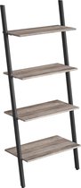 Standing Shelf, Ladder Shelf, Wall Shelf with 4 Levels, Bookcase, Standing Shelf, Living Room, Kitchen, Office, Steel, Sturdy, Slanted, Leans on the Wall, Industrial Design, Greige-Black