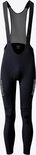 Zwarte lange fietsbroek met bretels, witte mesh rugpand en witte logo's op de benen.