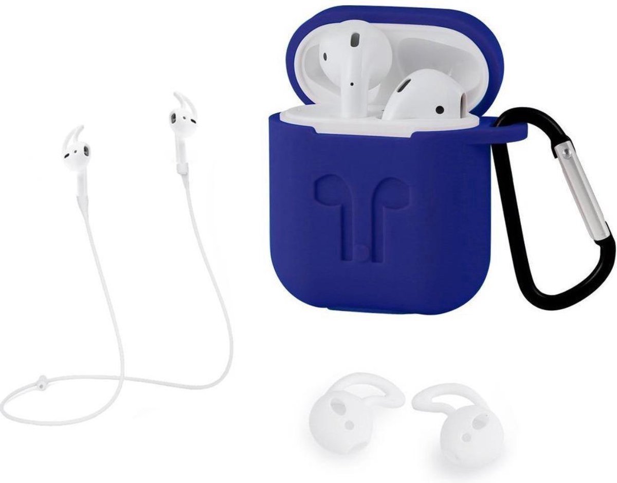 Siliconen Beschermhoesje Geschikt voor Apple AirPods - Geschikt voor AirPods 1&2 - Met karabijnhaak - met Earhoox - Blauw- van Heble®