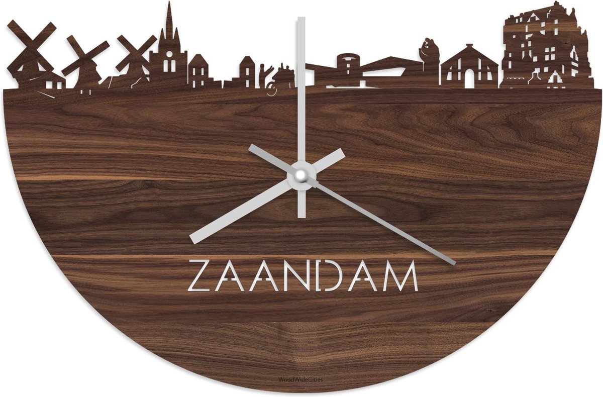 Skyline Klok Zaandam Notenhout - Ø 40 cm - Stil uurwerk - Wanddecoratie - Meer steden beschikbaar - Woonkamer idee - Woondecoratie - City Art - Steden kunst - Cadeau voor hem - Cadeau voor haar - Jubileum - Trouwerij - Housewarming - WoodWideCities