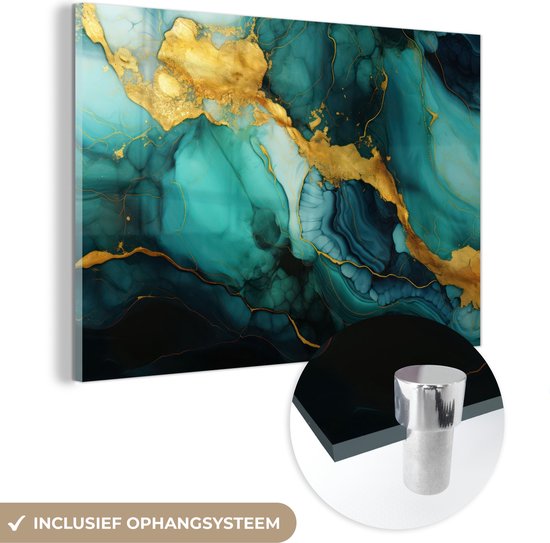 MuchoWow® Glasschilderij 120x80 cm - Schilderij glas - Marmer - Goud - Blauw groen - Abstract - Turquoise - Foto op acrylglas - Schilderijen