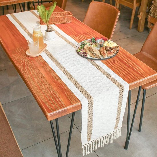 Boho tafelloper beige linnen tafelloper, afwasbaar, vintage macramé
