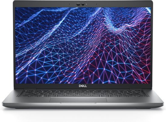 Grijze Dell Latitude 5430 laptop met opengeklapt scherm. Het scherm toont een abstract netwerkpatroon in blauw en rood.