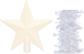 Kerstversiering kunststof glitter ster piek 19 cm en sterren folieslingers pakket winter wit van 3x stuks - Kerstboomversiering