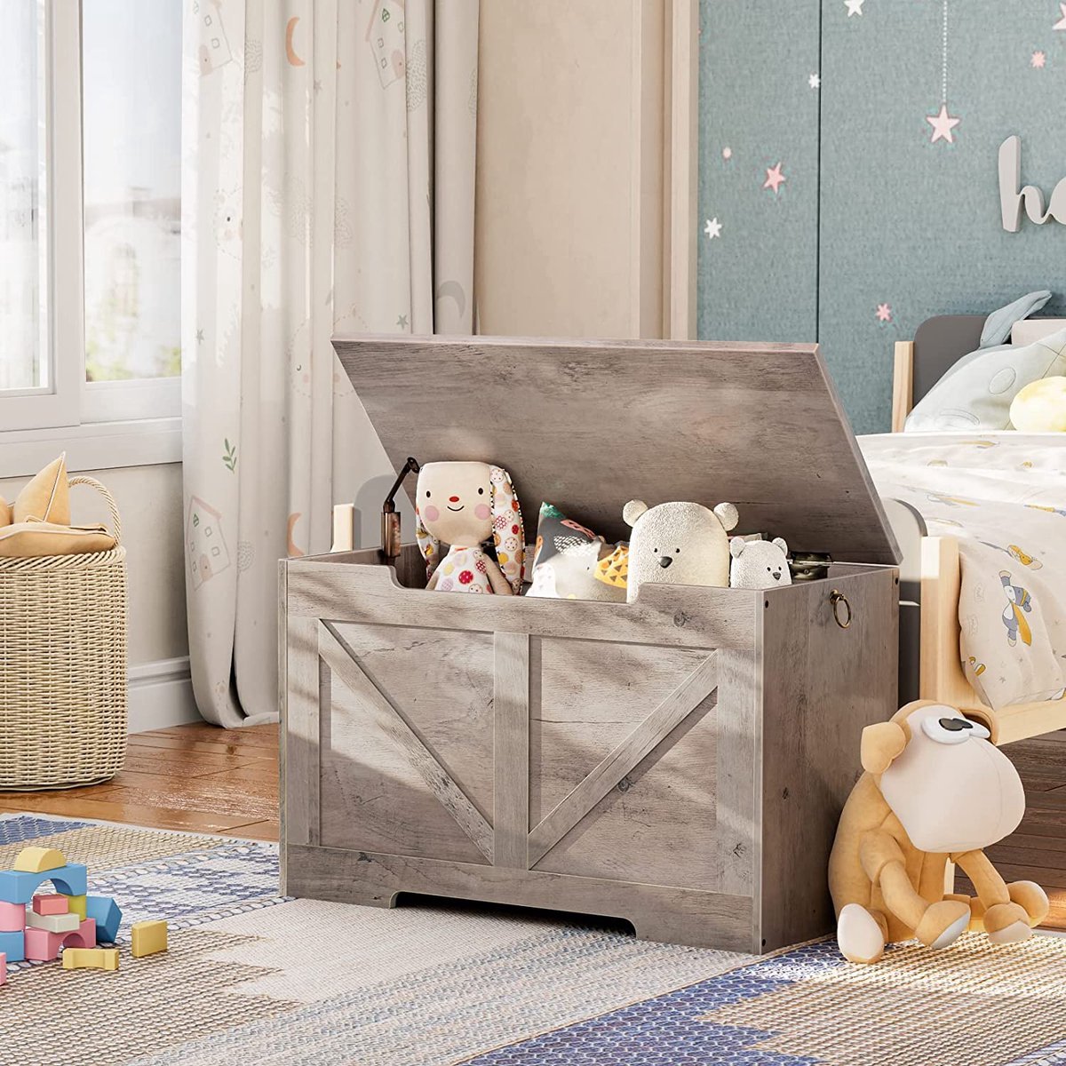 Leomark Houten speelgoedkist op wielen, hoogte: 46 cm, zitbank met opbergruimte, speelgoedkist met deksel, XXL kinderbank, kistbank voor kinderen, witte opbergdoos 91 l (paard