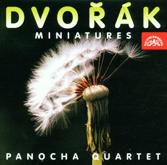 CD-hoes met een pissebeddenbloem en tekst 'Dvořák Miniatures Panocha Quartet'.