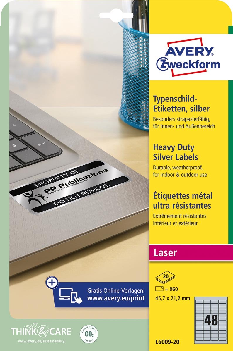 Avery ultra-sterke zilverkleurige etiketten ft 45,7 x 21,2 mm (b x h), 960 stuks, 48 per blad 5 stuks