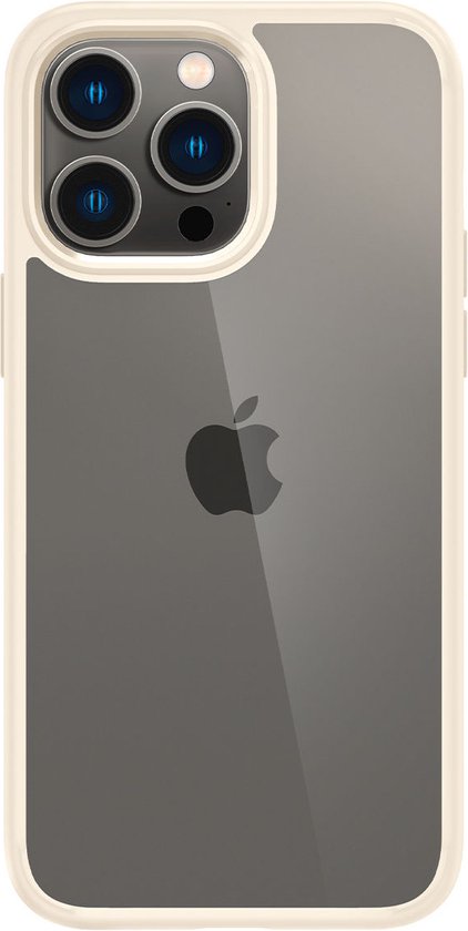 Coque Spigen Crystal Hybrid beige sur l'arrière d'un iPhone 14 Pro Max.