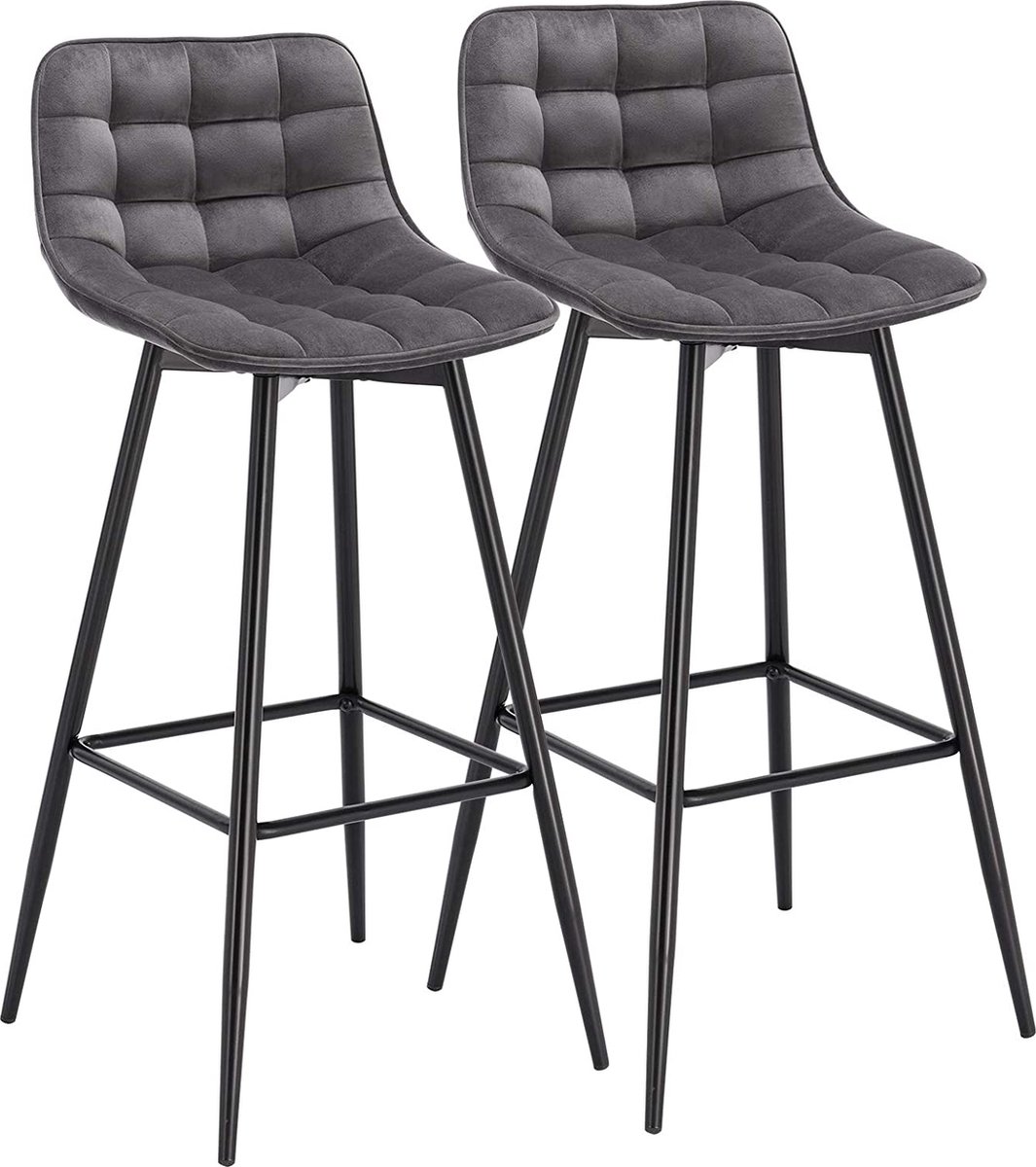 Furnibella - Donkergrijs Barkrukken Set van 2 Stal Metalen Poten Barstoelen Fluweel zitting met Rugleuning En Voetensteun,BH143dgr-2