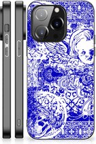 Smartphone Hoesje iPhone 14 Pro Back Case TPU Siliconen Hoesje met Zwarte rand Angel Skull Blue