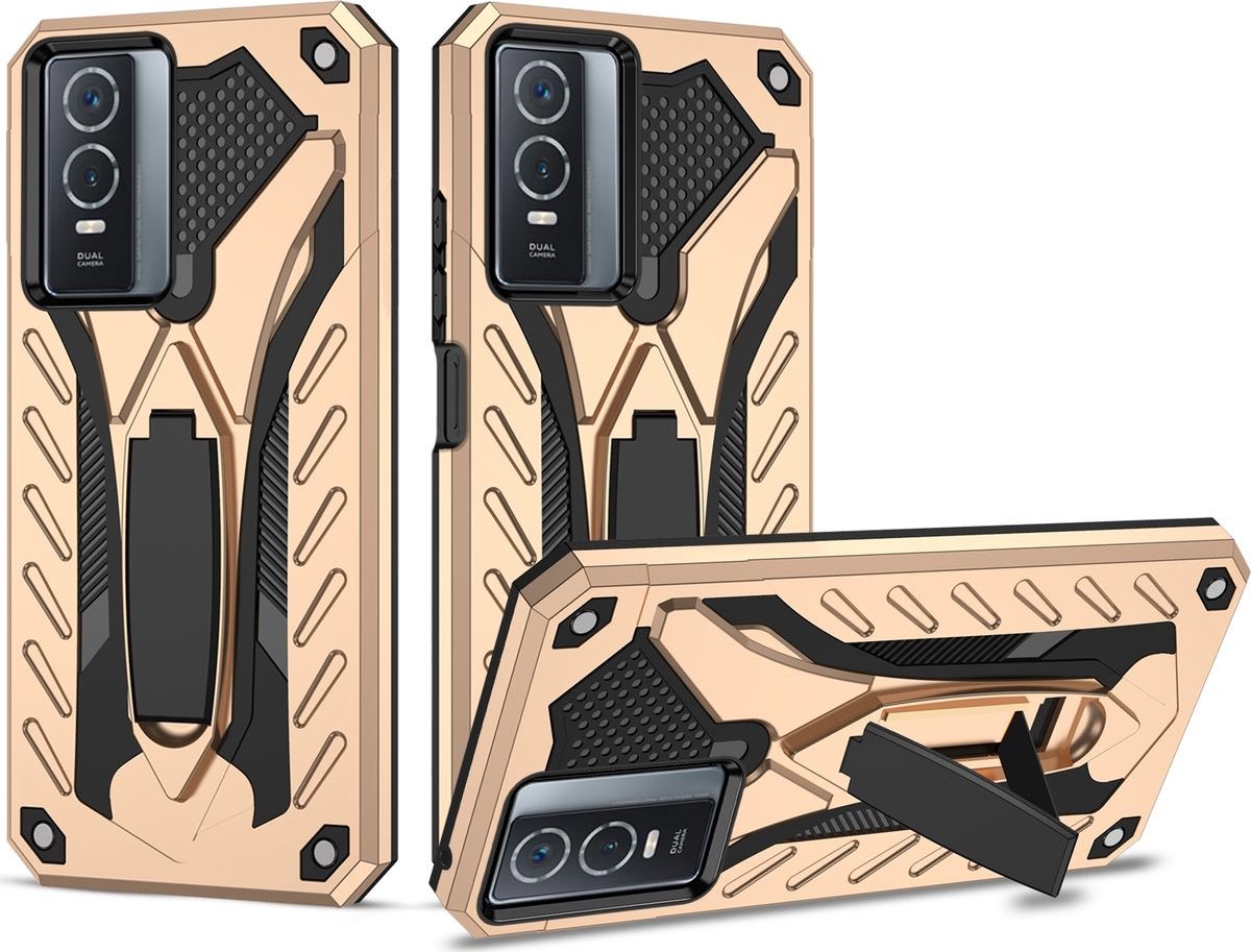 Mobigear Hoesje geschikt voor Vivo Y76 Telefoonhoesje Hardcase | Mobigear Armor Stand Backcover Shockproof met Standaard | Schokbestendig Y76 Telefoonhoesje | Anti Shock Proof - Goud