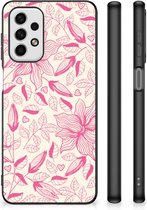 Silicone Case Geschikt voor Samsung Galaxy A23 Smartphone Hoesje met Zwarte rand Roze Bloemen