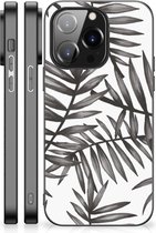Smartphone Hoesje iPhone 14 Pro Back Case TPU Siliconen Hoesje met Zwarte rand Leaves Grey
