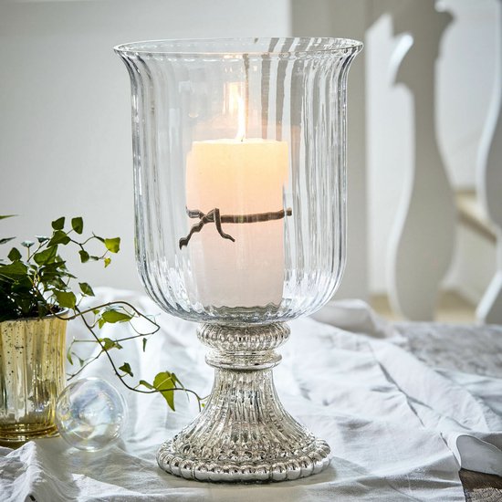 Loberon Photophore Idaho Argenté Vieilli/Transparent - Décoration Rétro En Verre Soufflé