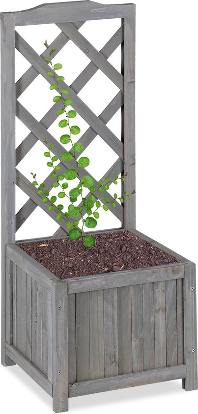 plantenbak met klimrek - hout - 20 liter - plantensteun 90 cm - buiten - grijs