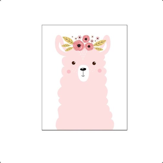 PosterDump - Alpaca met bloemetjes roze - Baby / kinderkamer poster - Dieren poster - 50x40cm