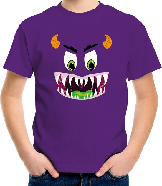Monster gezicht halloween verkleed t-shirt paars voor kinderen 110/116