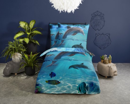 Housse de couette enfant Good Morning – 5586-P – Dauphin – 140 x 200/220 cm – Bleu