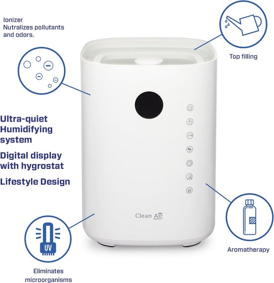 Witte Clean Air Optima luchtbevochtiger met functies zoals ionisator, top filling, UV en aromatherapie.