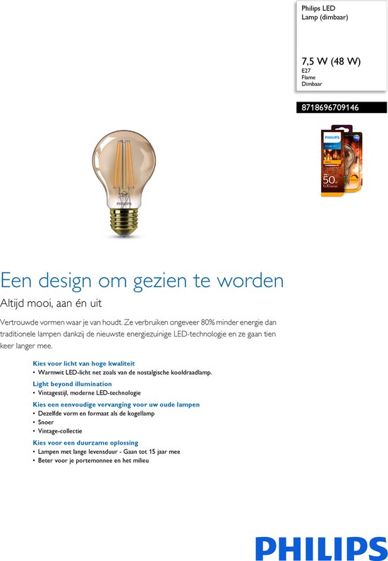 Philips Ultra Efficient LED lamp Mat - 60 W - E27 - Dimbaar warmwit licht - Energielabel A