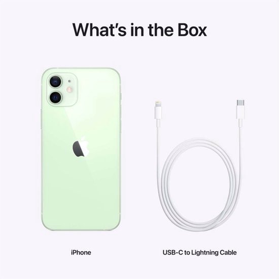 Inhoud van de doos: lichtgroene iPhone 12 en een USB-C naar Lightning kabel.