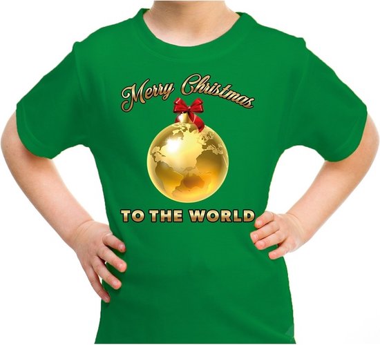 Foute kerst shirt / t-shirt - Merry Christmas to the world - groen voor kinderen - kerstkleding / christmas outfit 104/110