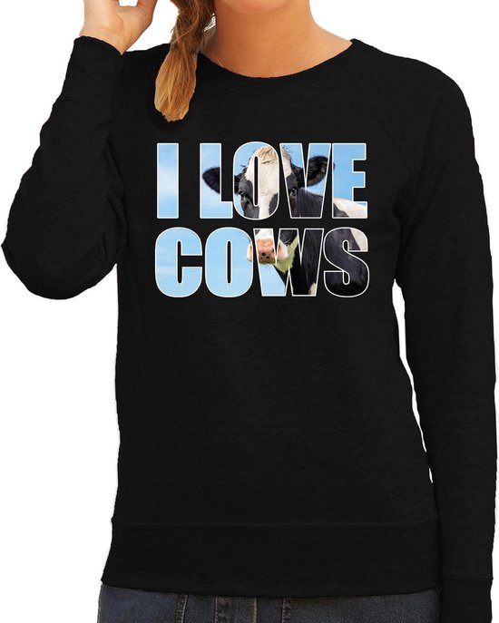 Pull texte j'aime les vaches avec animaux photo d'une vache noir pour femme - cadeau pull cow lover L