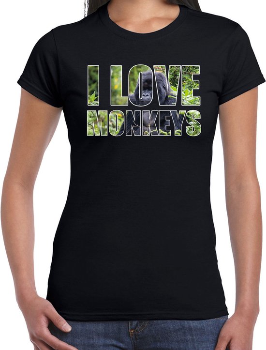 Tekst shirt I love monkeys met dieren foto van een gorilla aap zwart voor dames - cadeau t-shirt apen liefhebber XXL