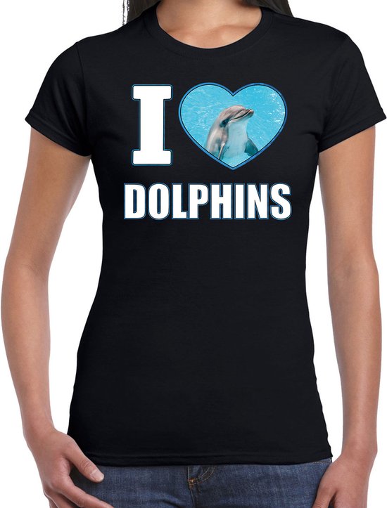 I love dolphins t-shirt met dieren foto van een dolfijn zwart voor dames - cadeau shirt dolfijnen liefhebber S