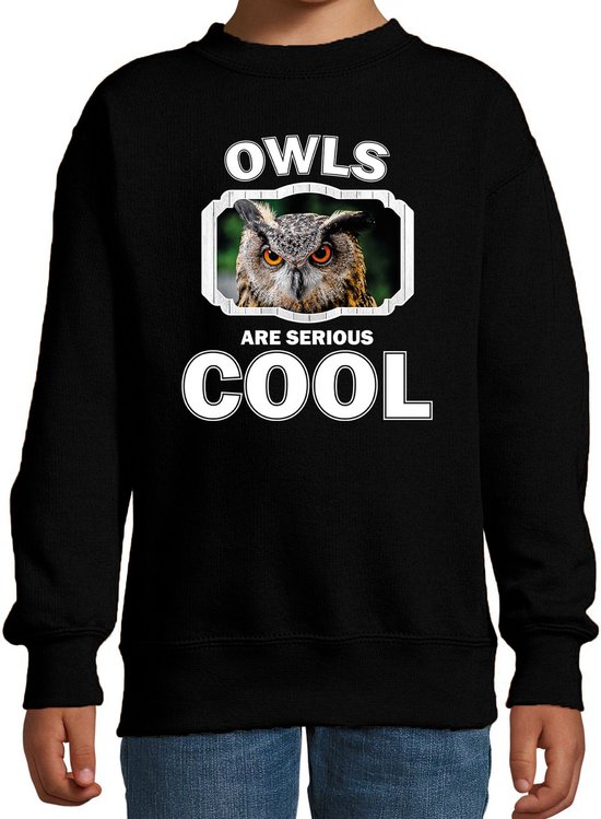 Dieren uilen sweater zwart kinderen - owls are serious cool trui jongens/ meisjes - cadeau uil/ uilen liefhebber - kinderkleding / kleding 134/146