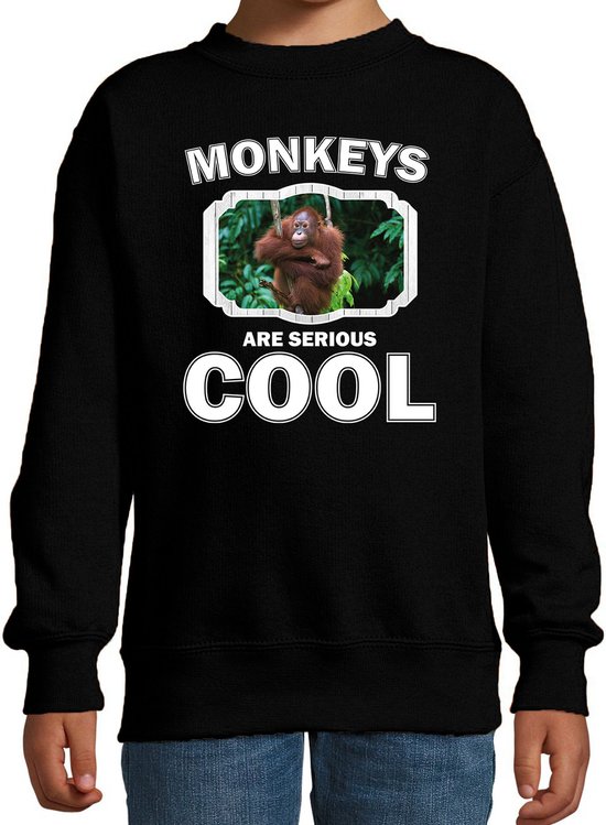 Dieren apen sweater zwart kinderen - monkeys are serious cool trui jongens/ meisjes - cadeau orangoetan/ apen liefhebber - kinderkleding / kleding 152/164