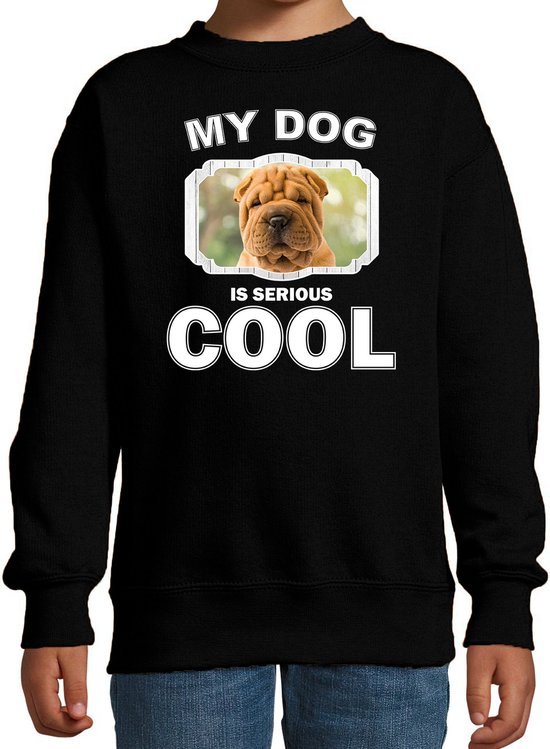 Shar pei honden trui / sweater my dog is serious cool zwart - kinderen - Shar peis liefhebber cadeau sweaters - kinderkleding / kleding 110/116
