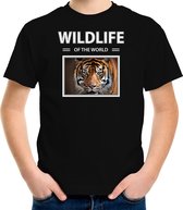 Dieren foto t-shirt tijger - zwart - kinderen - wildlife of the world - cadeau shirt tijgers liefhebber - kinderkleding / kleding 110/116