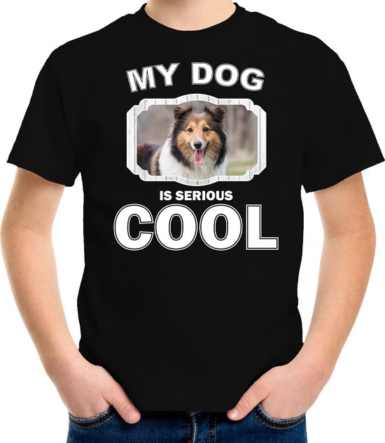 Sheltie honden t-shirt my dog is serious cool zwart - kinderen - Shetland sheepdogs liefhebber cadeau shirt - kinderkleding / kleding 122/128