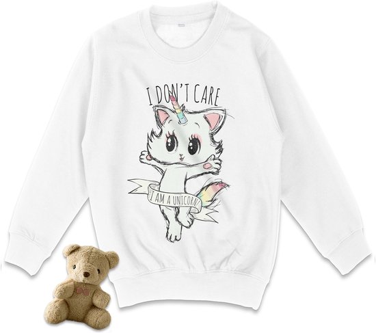 Pull Filles - Imprimé chaton Unicorn - Tailles 98 à 158 - Coloris : blanc et bleu.