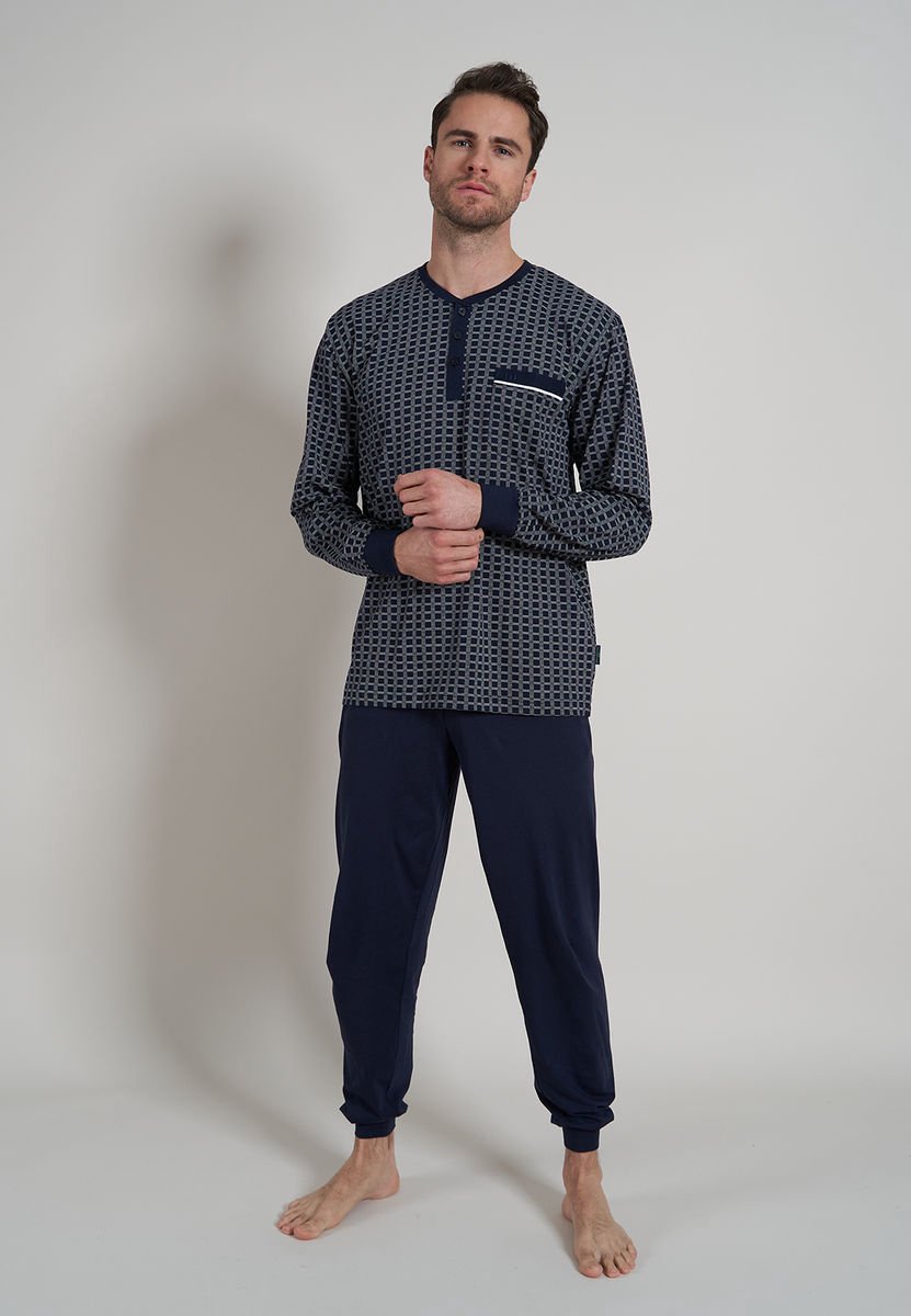 Gotzburg heren pyjama O-hals met knoopjes - lichtblauw dessin - Maat: S