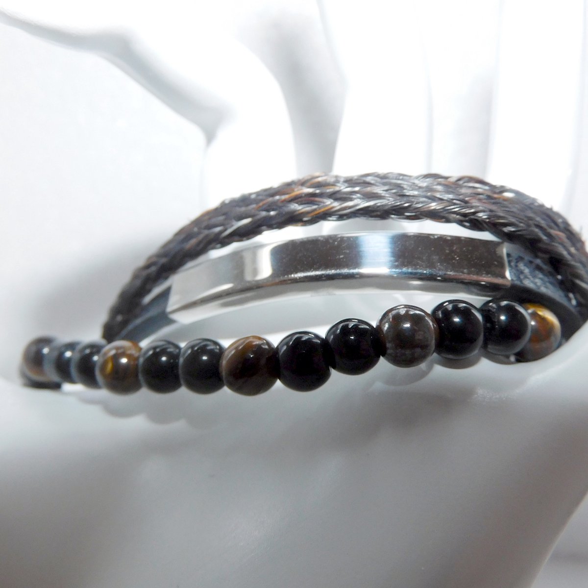 Hetty'S - 3 delige armband van paardenhaar - zwart leer - bruin paardenhaar- tijgeroog kralen - slider en magneetsluiting