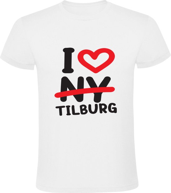 Wit T-shirt met opdruk 'I Love NY' (NY doorgestreept) en 'TILBURG'.