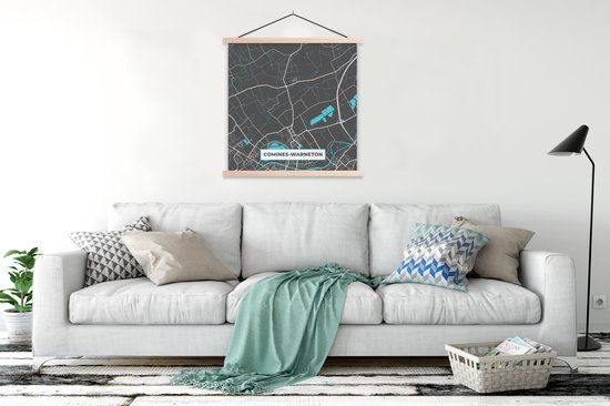 Posterhanger incl. Poster 120x120 cm - Schoolplaat - Stadskaart – Grijs - Kaart – Comines Warneton – België – Plattegrond - Textielposter - Blanke latten - Stadskaart