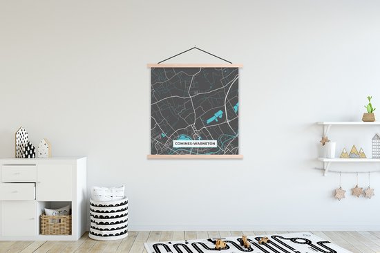 Posterhanger incl. Poster 120x120 cm - Schoolplaat - Stadskaart – Grijs - Kaart – Comines Warneton – België – Plattegrond - Textielposter - Blanke latten - Stadskaart