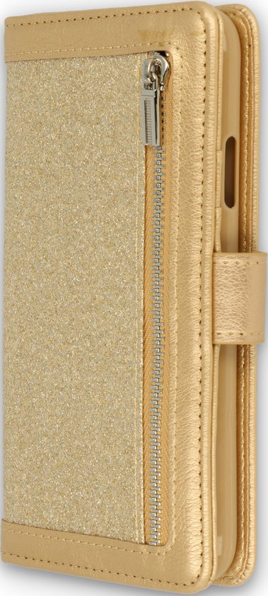 Gouden glitter portemonnee hoesje met een rits over de lengte.