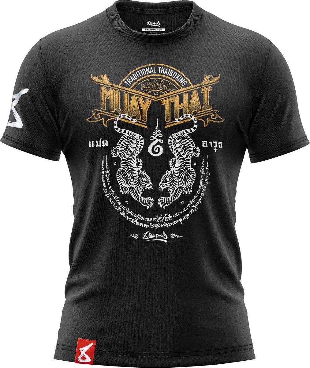 8 Weapons T Shirt Sak Yant Tigers Zwart Geel Thaiboks Kleding maat XXL
