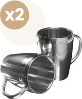 2x Kopje RVS Dubbelwandig - Koffiekopje - Koffie Beker - 200ml - Rvs Beker - Rvs Mok - set van 2 stuks