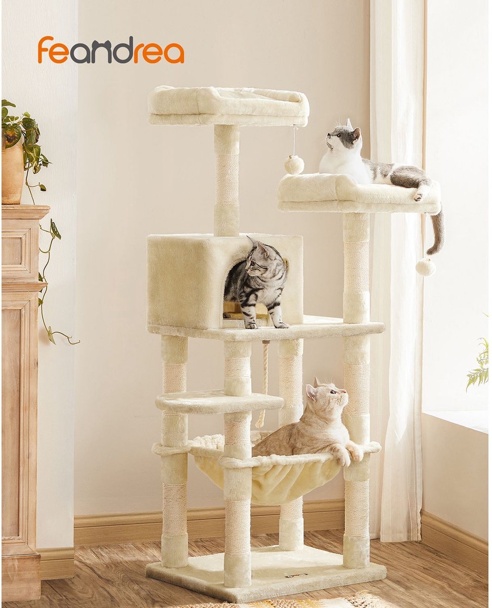 Krabpaal - Krabpaal voor katten - Kattenmand - Kattenhuis - Kattenmeubel - 55 x 45 x 143 cm - Beige