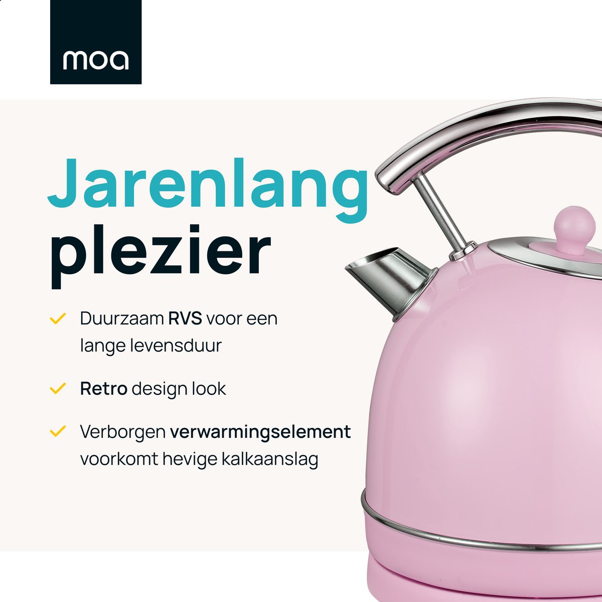 MOA Waterkoker Retro - 1,8 Liter - Elektrische Waterkoker - BPA-vrij - Anti Calcium Filter - RVS - 2200W - Pastel Roze – foto 6