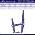 Diagram met afmetingen voor Harry's Horse halsters, maten Mini, Shetland, Pony, Cob, Full.