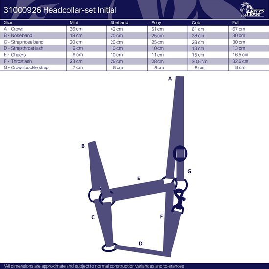 Diagram met afmetingen voor Harry's Horse halsters, maten Mini, Shetland, Pony, Cob, Full.