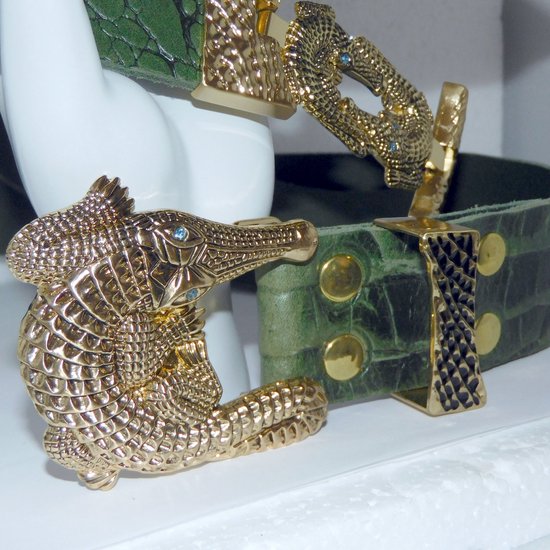 Hetty'S - Tailleriem van groen  krokodillenleer(print) - met gespenset + tussenstuk in de vorm van een krokodil